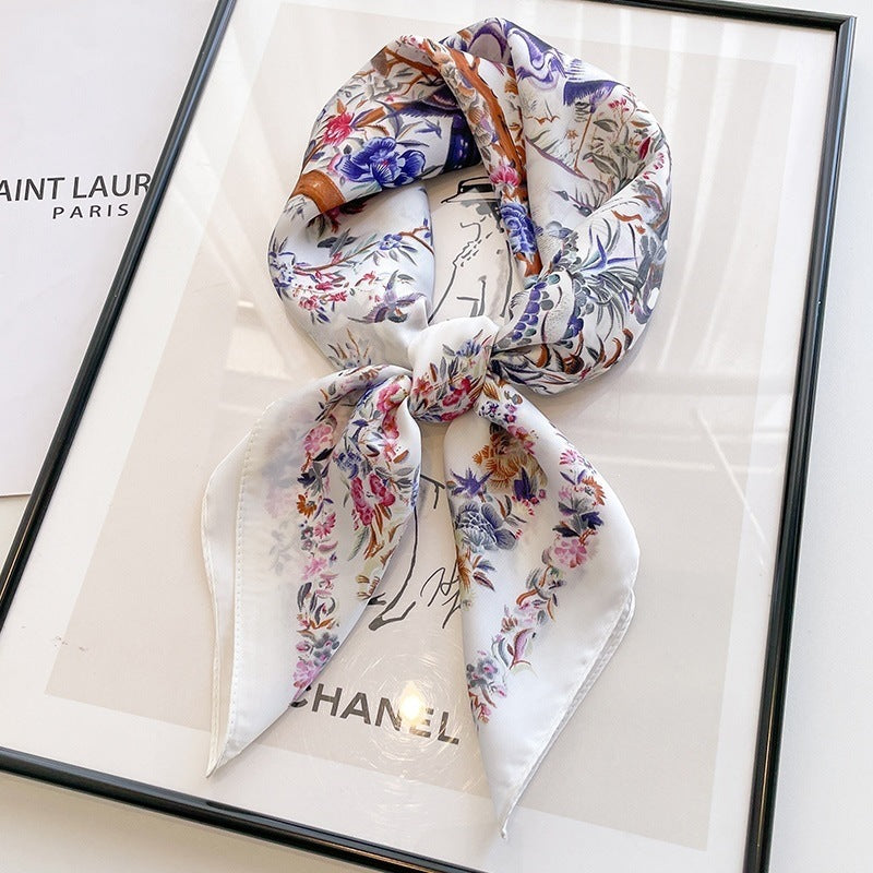 Small square scarf, Chinese style camellia spring and autumn silk scarf for women, Korean style versatile elegant imitation silk scarf, neckscarf tie, bag, and hair tie