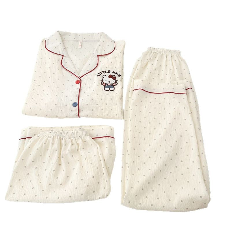2025 New HelloKitty Cotton Gauze Pajamas Women's Summer Short Sleeve Long Pants Three-Piece Loungewear