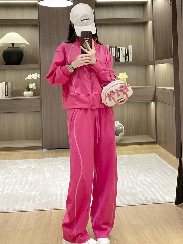 Premium casual sports set for women, autumn 2024 new zipper rose sweatshirt, fashionable and stylish two-piece collar set