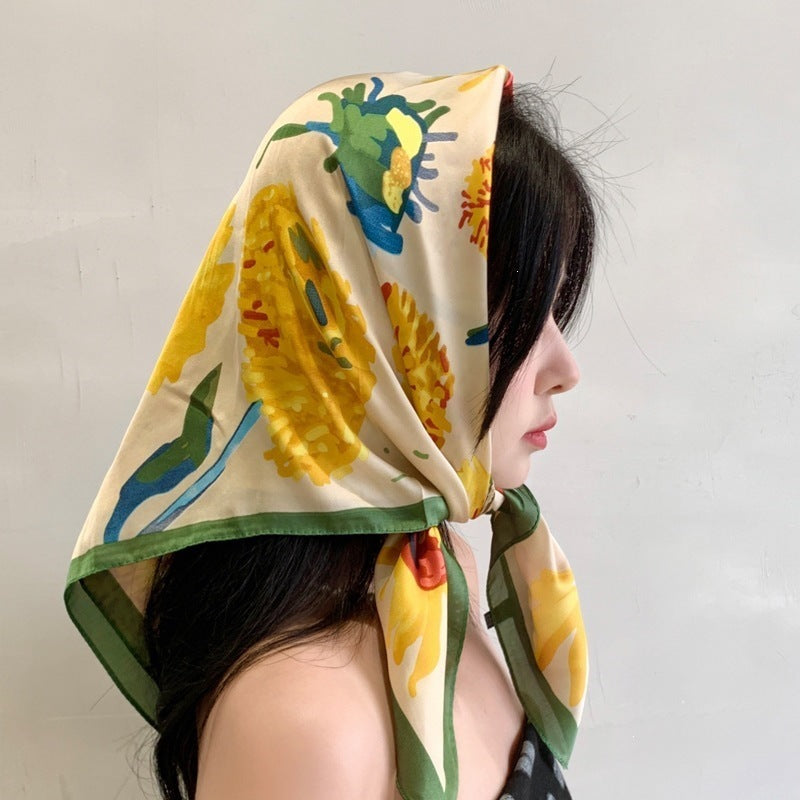 Small square scarf, Chinese style camellia spring and autumn silk scarf for women, Korean style versatile elegant imitation silk scarf, neckscarf tie, bag, and hair tie