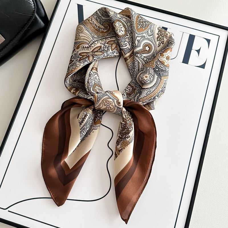 Small square scarf, Chinese style camellia spring and autumn silk scarf for women, Korean style versatile elegant imitation silk scarf, neckscarf tie, bag, and hair tie