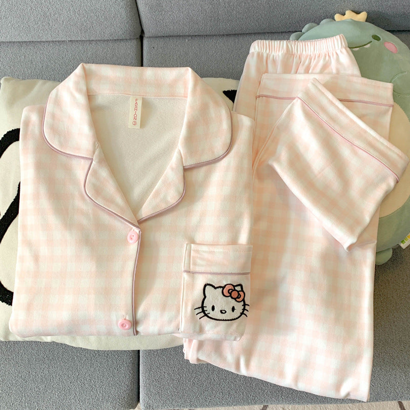 HelloKitty Velvet Pajamas Women's Autumn and Winter Coral Velvet Thickened Long Sleeve Spring and Autumn Loungewear Set