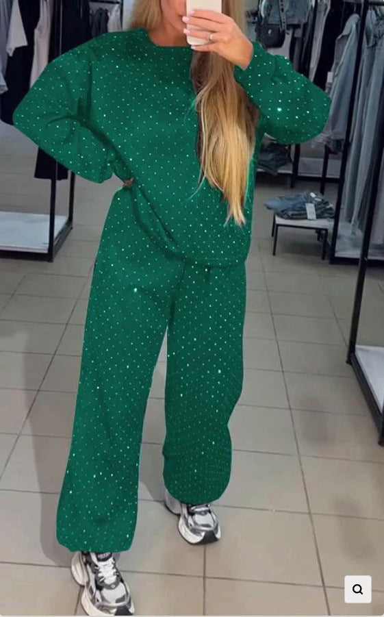 2024 European and American cross-border autumn and winter hot women's casual round neck, long sleeves, hot diamond, drawstring and leg two-piece suit