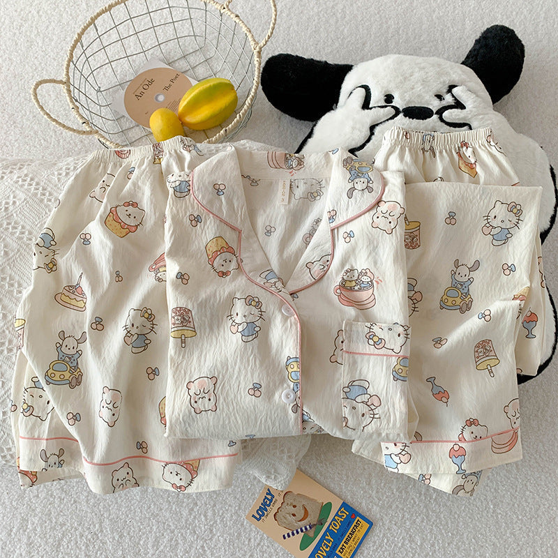 2025 New HelloKitty Cotton Gauze Pajamas Women's Summer Short Sleeve Long Pants Three-Piece Loungewear