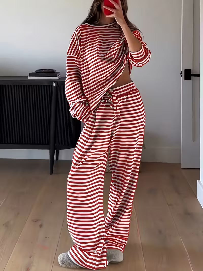 Amazon European and American women's hot-selling 2026 autumn striped long-sleeve tops, high-waisted pants, women's fashion casual sets