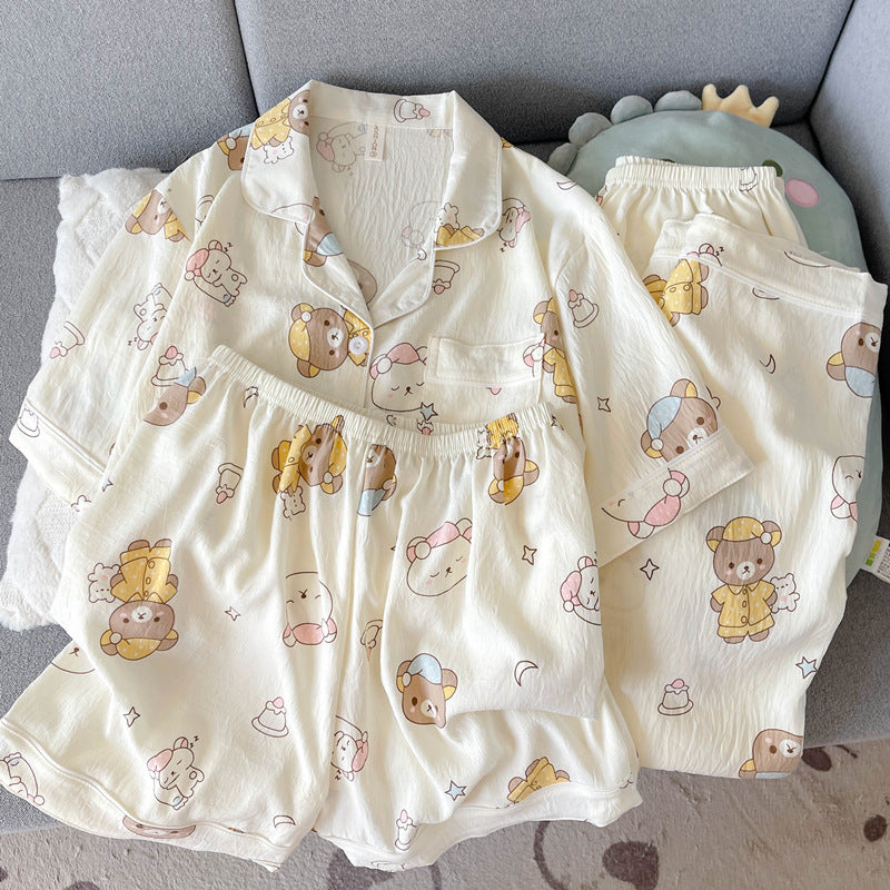 2025 New HelloKitty Cotton Gauze Pajamas Women's Summer Short Sleeve Long Pants Three-Piece Loungewear
