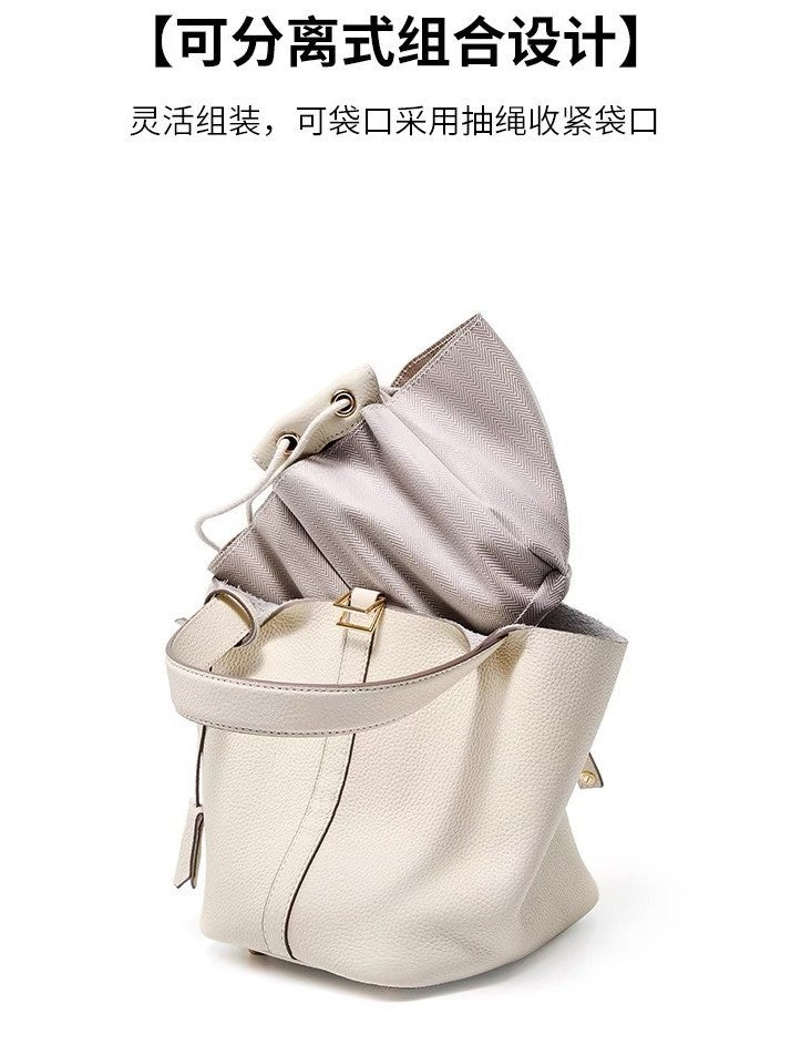TC pattern top layer cowhide 22CM large bucket cabbage basket women's bag leather handbag newlywed bag mommy women's bag