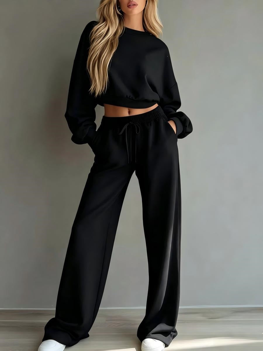 2026 cross-border European and American new autumn/winter casual ultra-short crew neck long-sleeve sweatshirt and wide-leg pants set for women