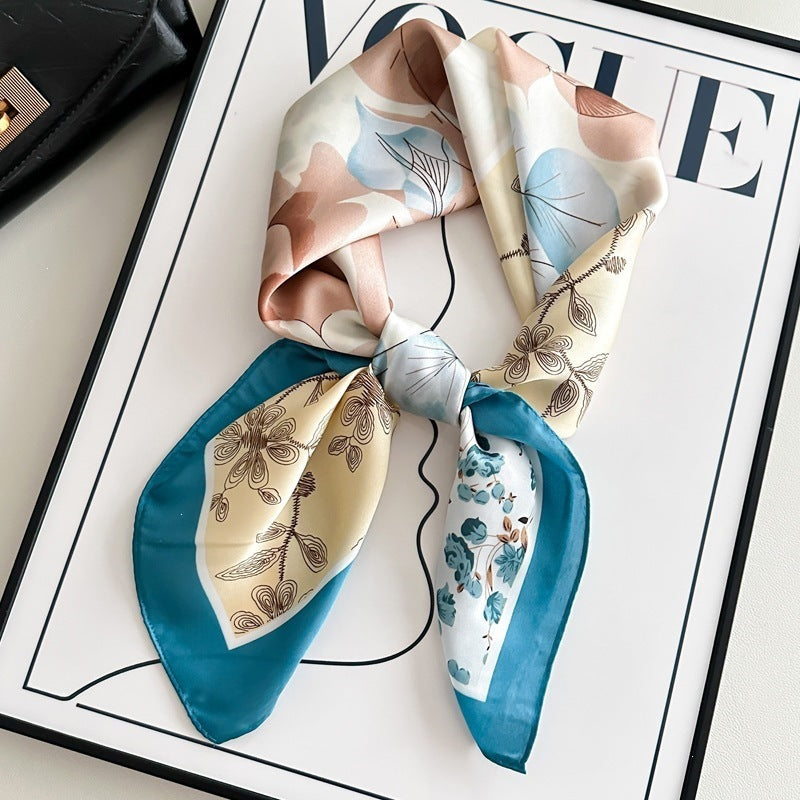 Small square scarf, Chinese style camellia spring and autumn silk scarf for women, Korean style versatile elegant imitation silk scarf, neckscarf tie, bag, and hair tie