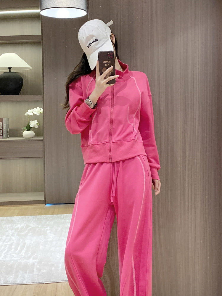 Premium casual sports set for women, autumn 2024 new zipper rose sweatshirt, fashionable and stylish two-piece collar set