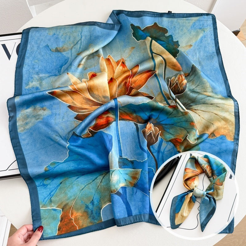 Small square scarf, Chinese style camellia spring and autumn silk scarf for women, Korean style versatile elegant imitation silk scarf, neckscarf tie, bag, and hair tie