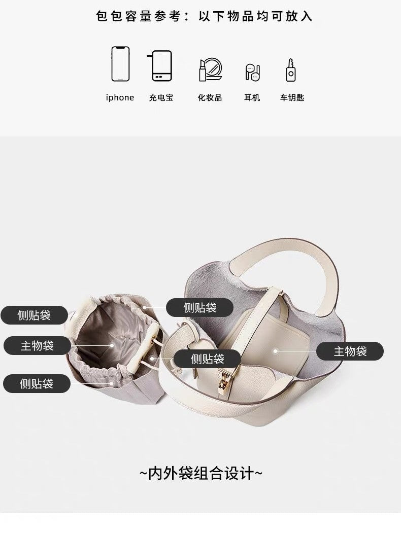 TC pattern top layer cowhide 22CM large bucket cabbage basket women's bag leather handbag newlywed bag mommy women's bag