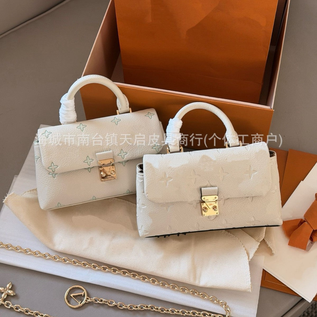 25 New Madeleine Nano Leather Tote Chain, Crossbody Bag, Embossed Flap Bag, Premium