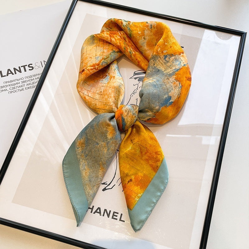 Small square scarf, Chinese style camellia spring and autumn silk scarf for women, Korean style versatile elegant imitation silk scarf, neckscarf tie, bag, and hair tie