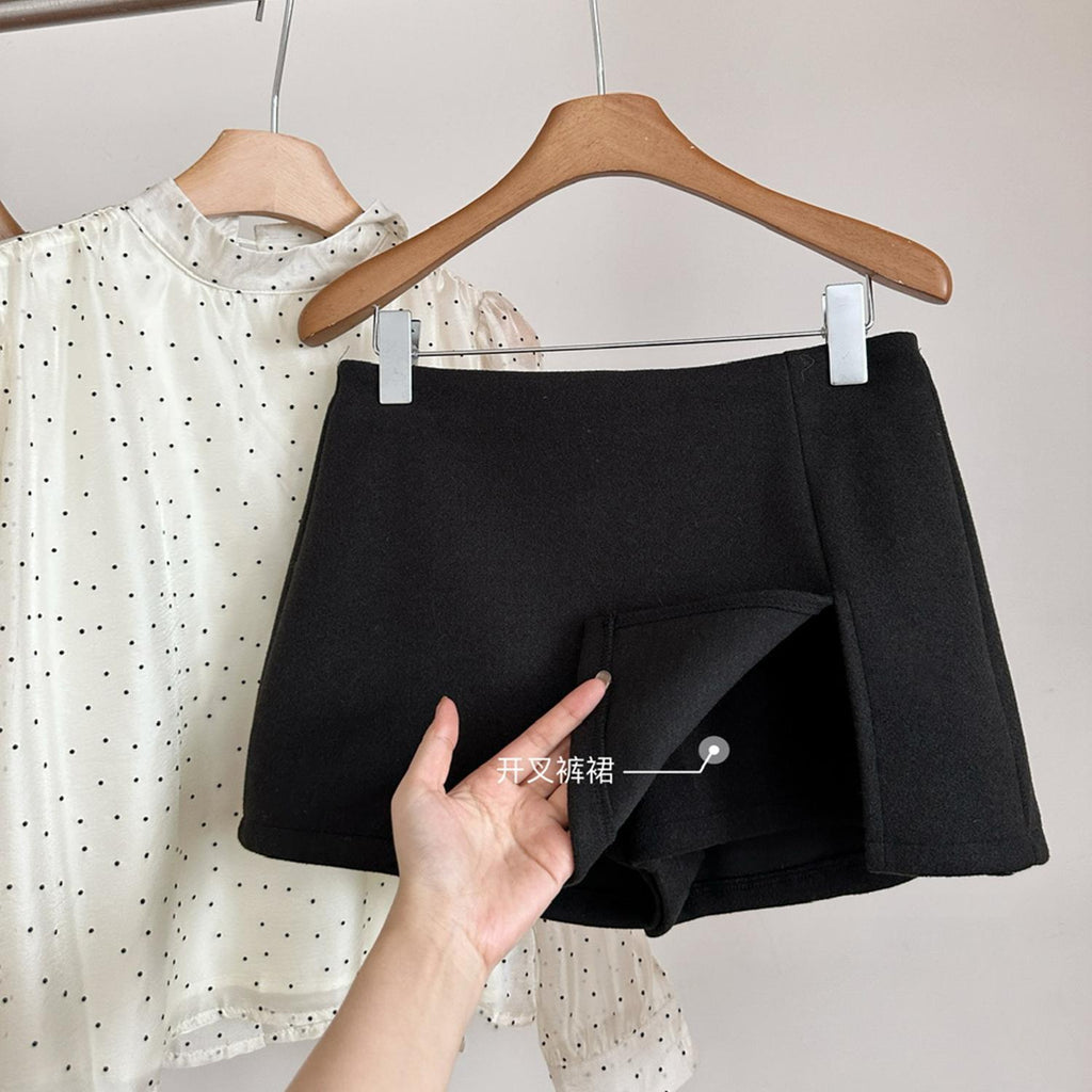 High-end double-slit woolen skirt, feminine temperament, versatile trouser skirt, anti-light skirt, high-waisted A-line skirt