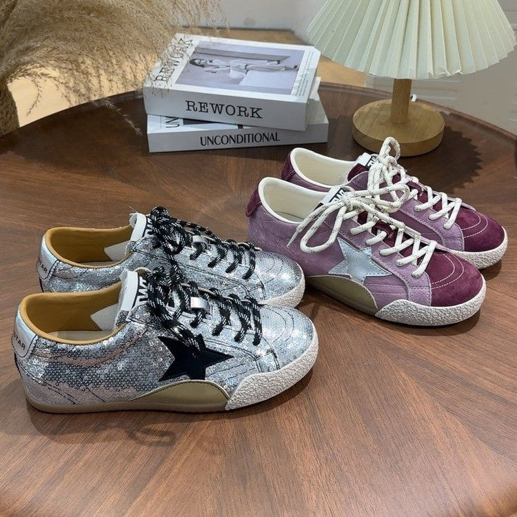 Vintage sequin starboard shoes for women, 2026 trendy new high-end color-block lace-up casual flats