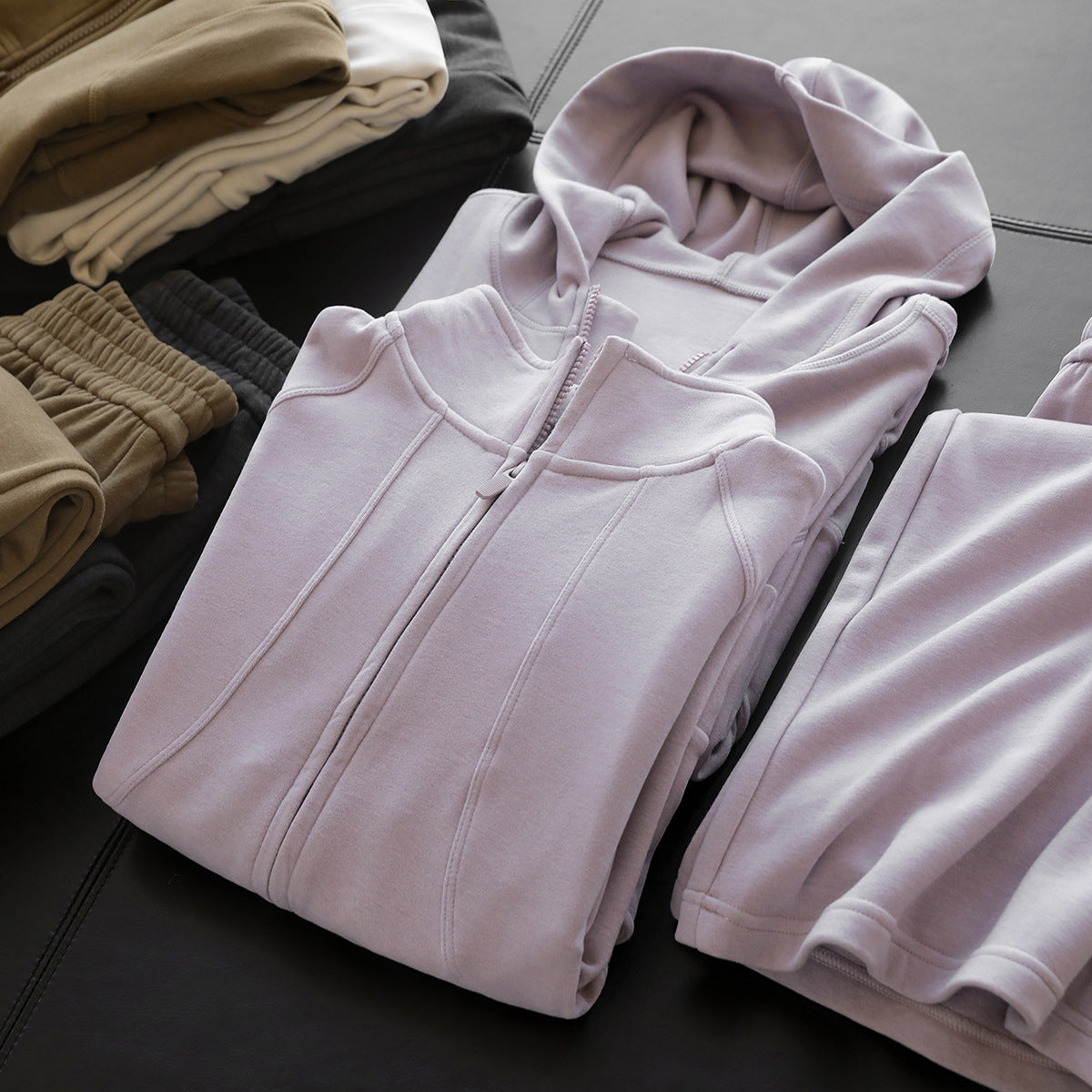 Comfortable fried with wool mulberry silk soft glutinous hood stand-up collar zipper jacket straight trouser set women's autumn 093