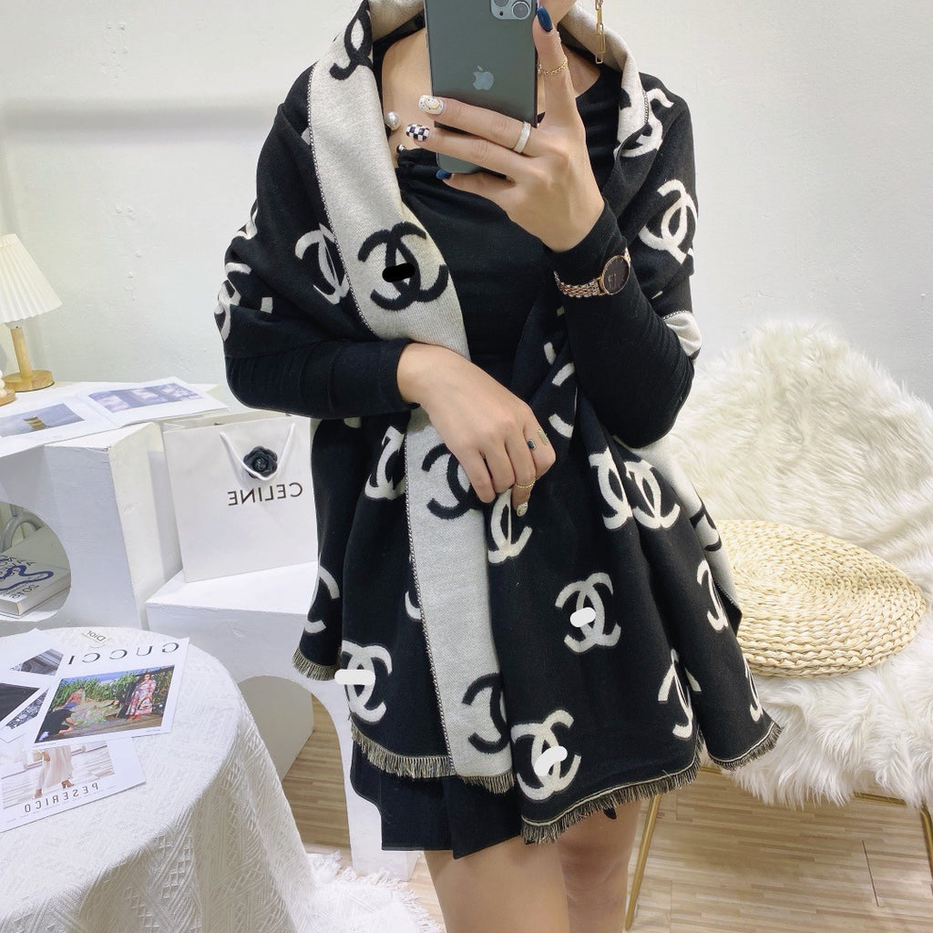 Imitation cashmere scarf women's double C with correct letters and label, shawl with label, warm scarf for women, cross-border wholesale with a light luxury and high-end feel