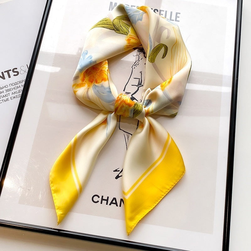 Small square scarf, Chinese style camellia spring and autumn silk scarf for women, Korean style versatile elegant imitation silk scarf, neckscarf tie, bag, and hair tie