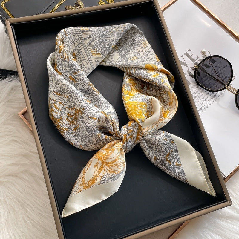 Small square scarf, Chinese style camellia spring and autumn silk scarf for women, Korean style versatile elegant imitation silk scarf, neckscarf tie, bag, and hair tie