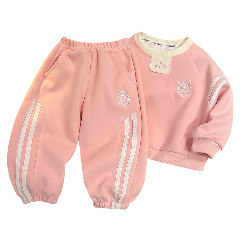 Boys' autumn and spring children's new crew neck sports sweatshirt two-piece set, side stripe sweatshirt casual set for women