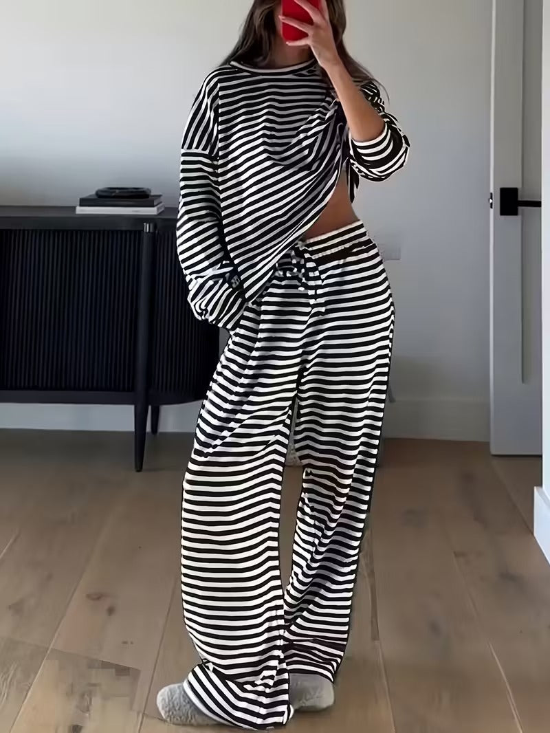 Amazon European and American women's hot-selling 2026 autumn striped long-sleeve tops, high-waisted pants, women's fashion casual sets
