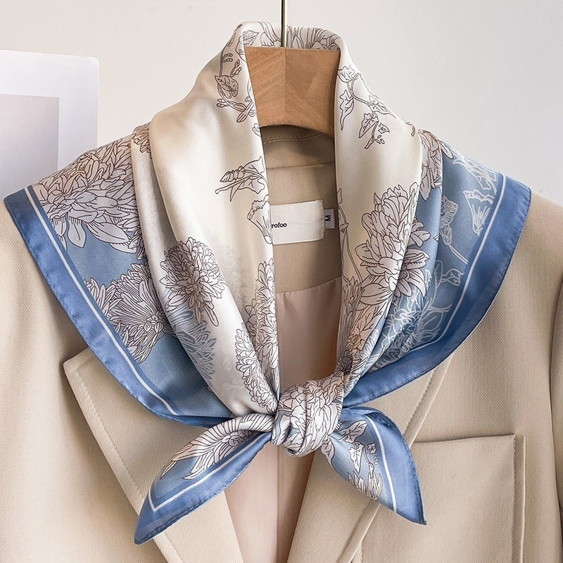 Small square scarf, Chinese style camellia spring and autumn silk scarf for women, Korean style versatile elegant imitation silk scarf, neckscarf tie, bag, and hair tie