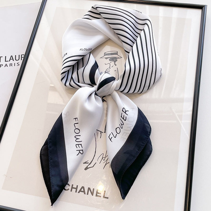 Small square scarf, Chinese style camellia spring and autumn silk scarf for women, Korean style versatile elegant imitation silk scarf, neckscarf tie, bag, and hair tie