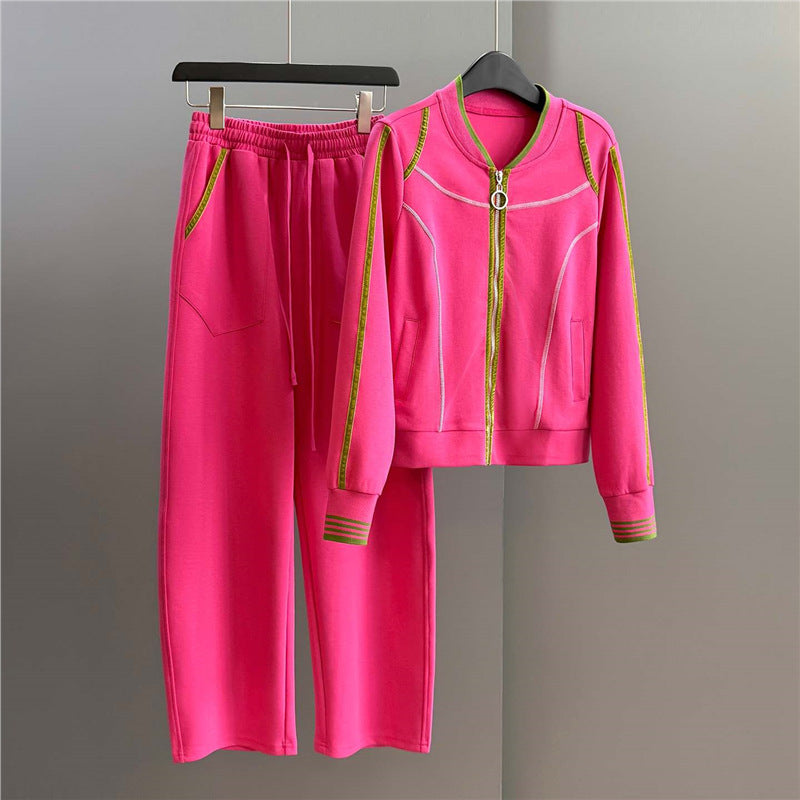 High-end European fashion casual set, women's autumn fuch-red cardigan, wide-leg pants two-piece set, slimming and trendy