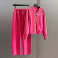 High-end European fashion casual set, women's autumn fuch-red cardigan, wide-leg pants two-piece set, slimming and trendy