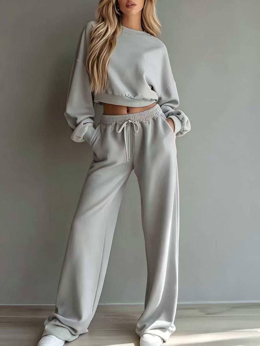 2026 cross-border European and American new autumn/winter casual ultra-short crew neck long-sleeve sweatshirt and wide-leg pants set for women