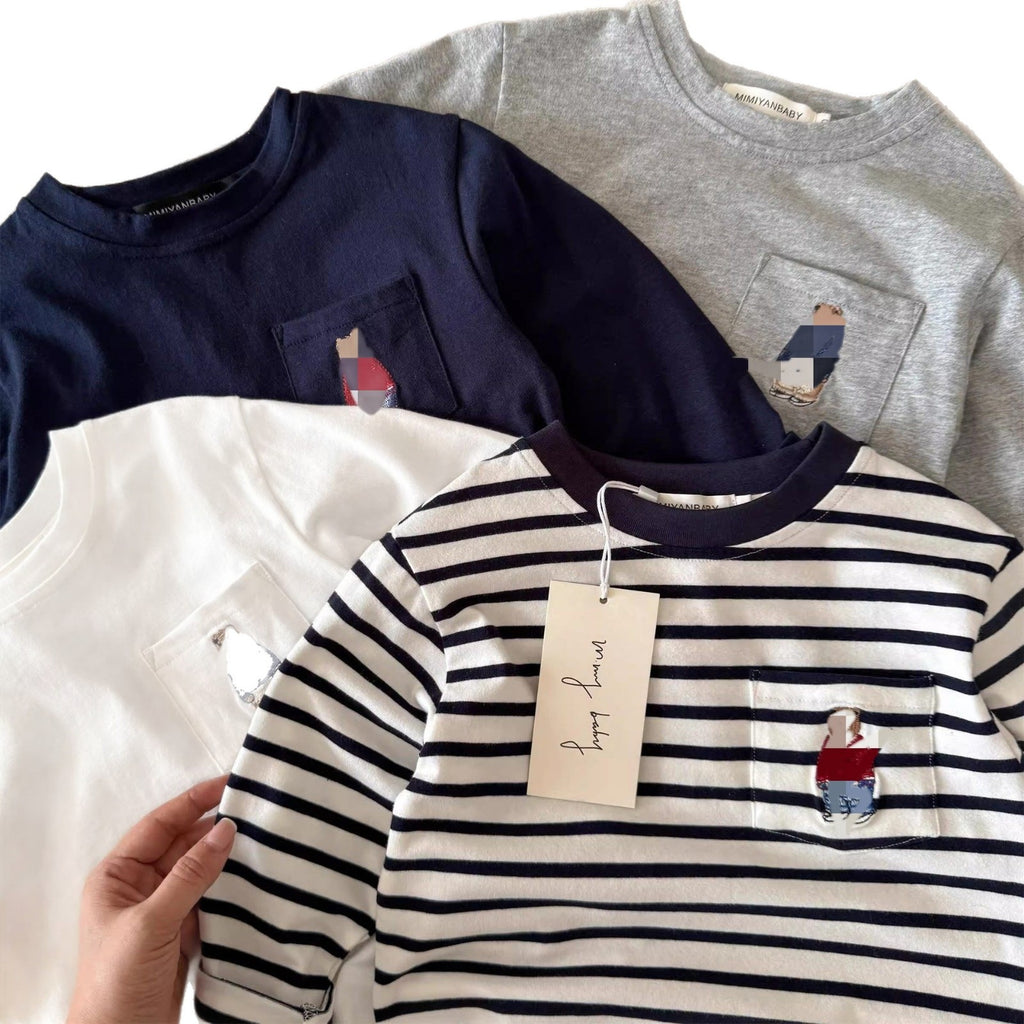 Children's long-sleeve T-shirt 2026 autumn boys' Japanese bear base shirt, baby kids' striped inner layered kids' T-shirt