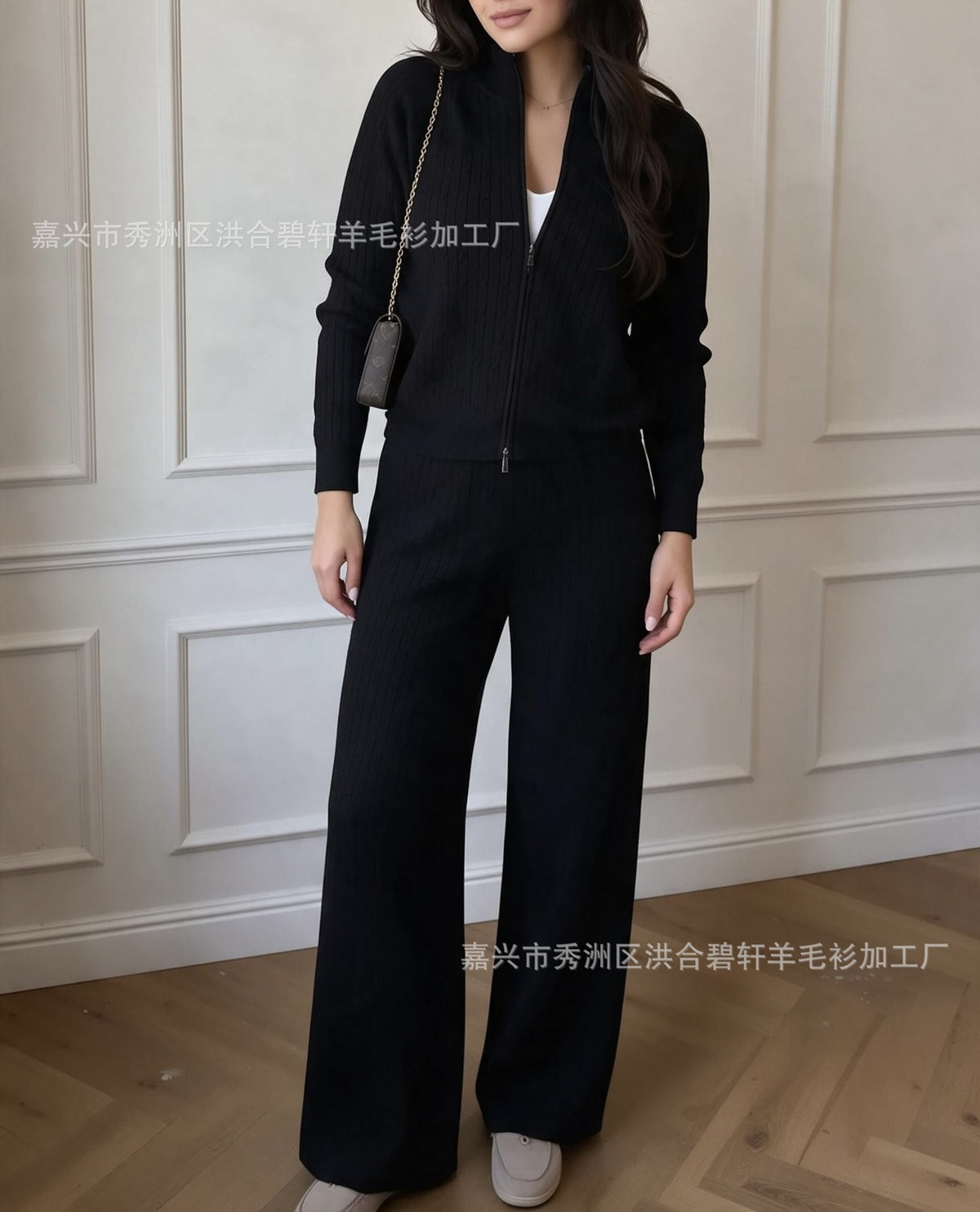 Knitted Two-Piece Outfit: Cross-border braided zipper cardigan + pants two-piece set for women