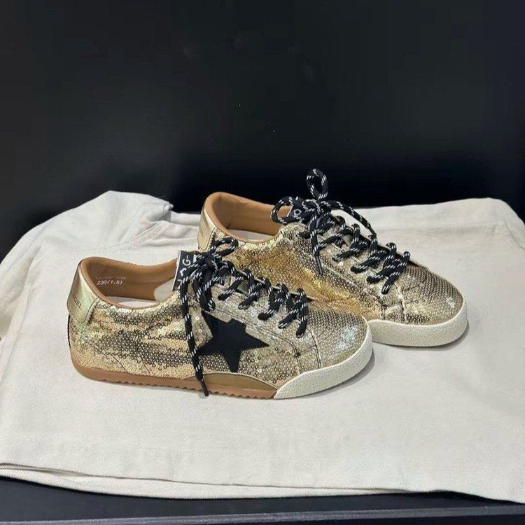 Vintage sequin starboard shoes for women, 2026 trendy new high-end color-block lace-up casual flats