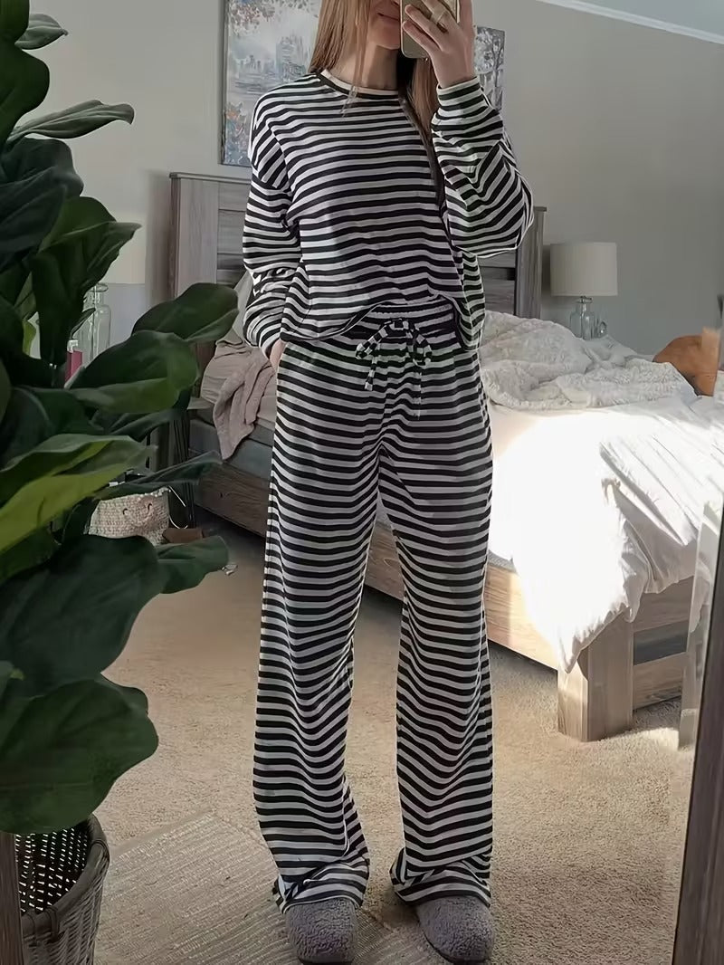 Amazon European and American women's hot-selling 2026 autumn striped long-sleeve tops, high-waisted pants, women's fashion casual sets