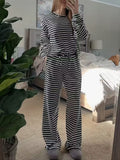 Amazon European and American women's hot-selling 2026 autumn striped long-sleeve tops, high-waisted pants, women's fashion casual sets