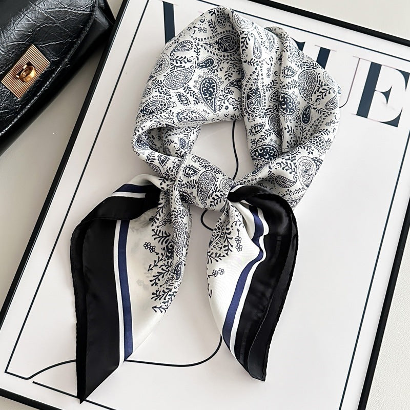 Small square scarf, Chinese style camellia spring and autumn silk scarf for women, Korean style versatile elegant imitation silk scarf, neckscarf tie, bag, and hair tie