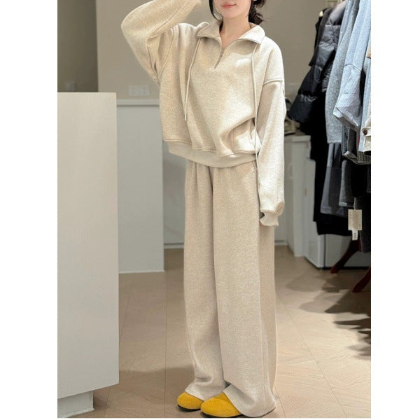 2026 Fashion Sportswear Set: Fleece-Lined Thickened Stand Collar Half Zipper Sweatshirt and Pants, Youthful Design Two-Piece Set for Women