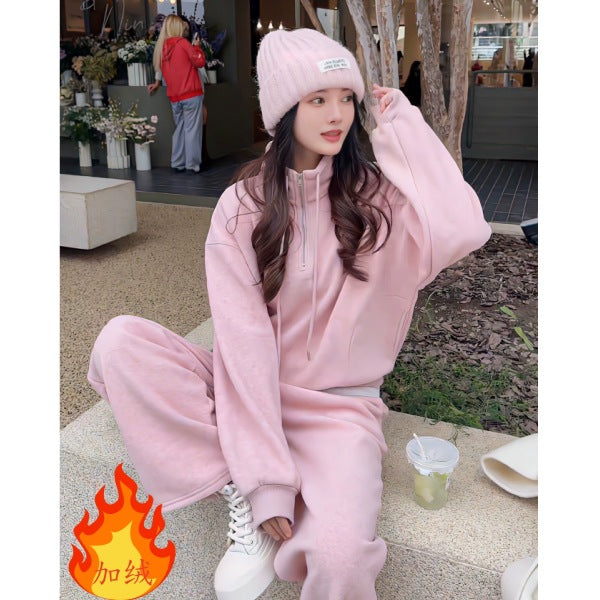 2026 Fashion Sportswear Set: Fleece-Lined Thickened Stand Collar Half Zipper Sweatshirt and Pants, Youthful Design Two-Piece Set for Women