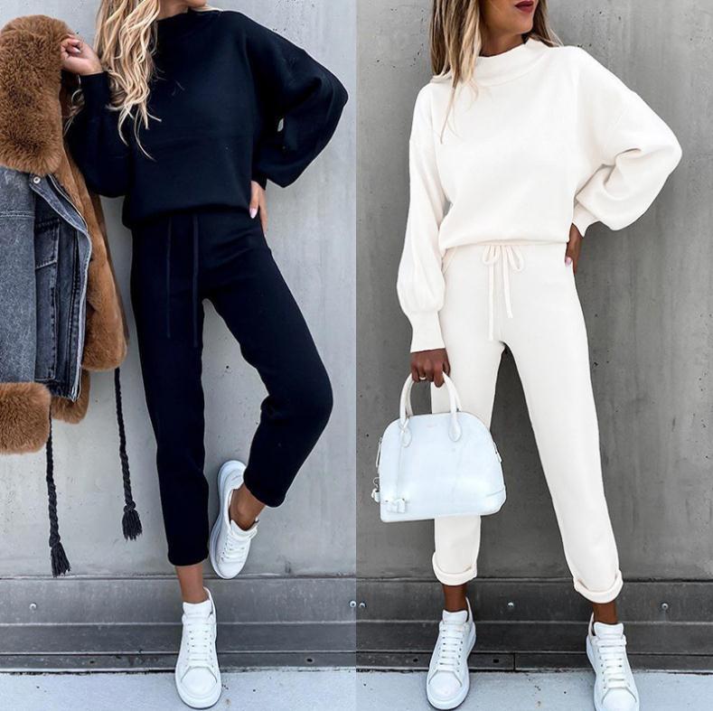 Fall/Winter 2023 Women's Sweatshirt Set Amazon AliExpress High-neck Casual Solid Color Pants Two-Piece Set