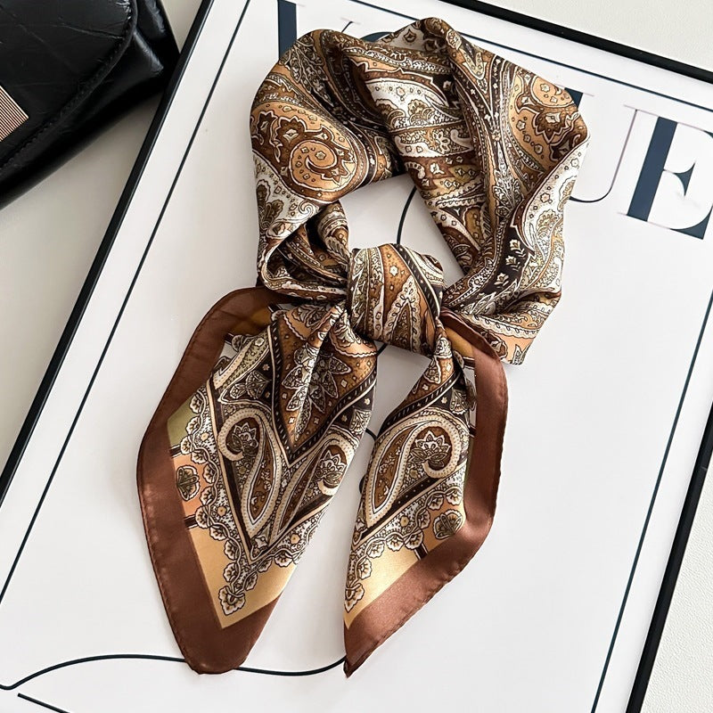 Small square scarf, Chinese style camellia spring and autumn silk scarf for women, Korean style versatile elegant imitation silk scarf, neckscarf tie, bag, and hair tie