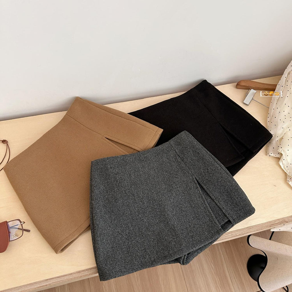 High-end double-slit woolen skirt, feminine temperament, versatile trouser skirt, anti-light skirt, high-waisted A-line skirt