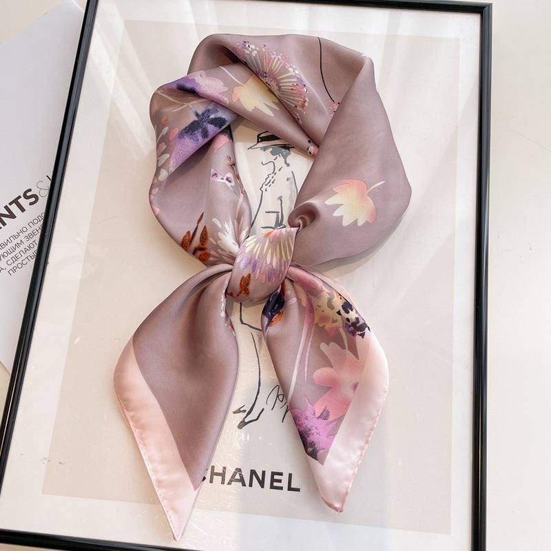 Small square scarf, Chinese style camellia spring and autumn silk scarf for women, Korean style versatile elegant imitation silk scarf, neckscarf tie, bag, and hair tie