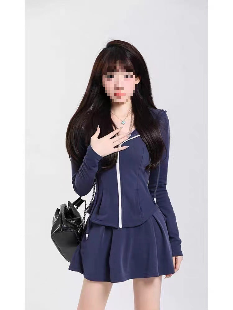 Casual sports set, sweet girl, slim fitted hooded cardigan, spring skirt two-piece set