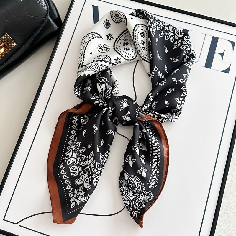 Small square scarf, Chinese style camellia spring and autumn silk scarf for women, Korean style versatile elegant imitation silk scarf, neckscarf tie, bag, and hair tie