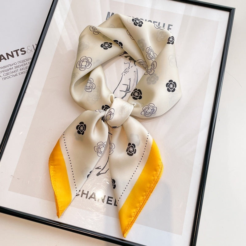 Small square scarf, Chinese style camellia spring and autumn silk scarf for women, Korean style versatile elegant imitation silk scarf, neckscarf tie, bag, and hair tie
