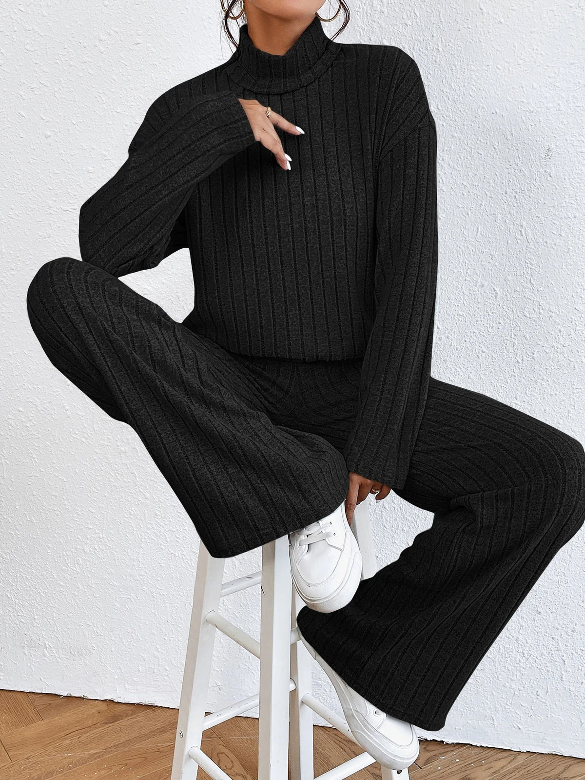 European and American autumn and winter cross-border new fashion women's high neck simple casual long-sleeve sweatshirt straight-leg pants set
