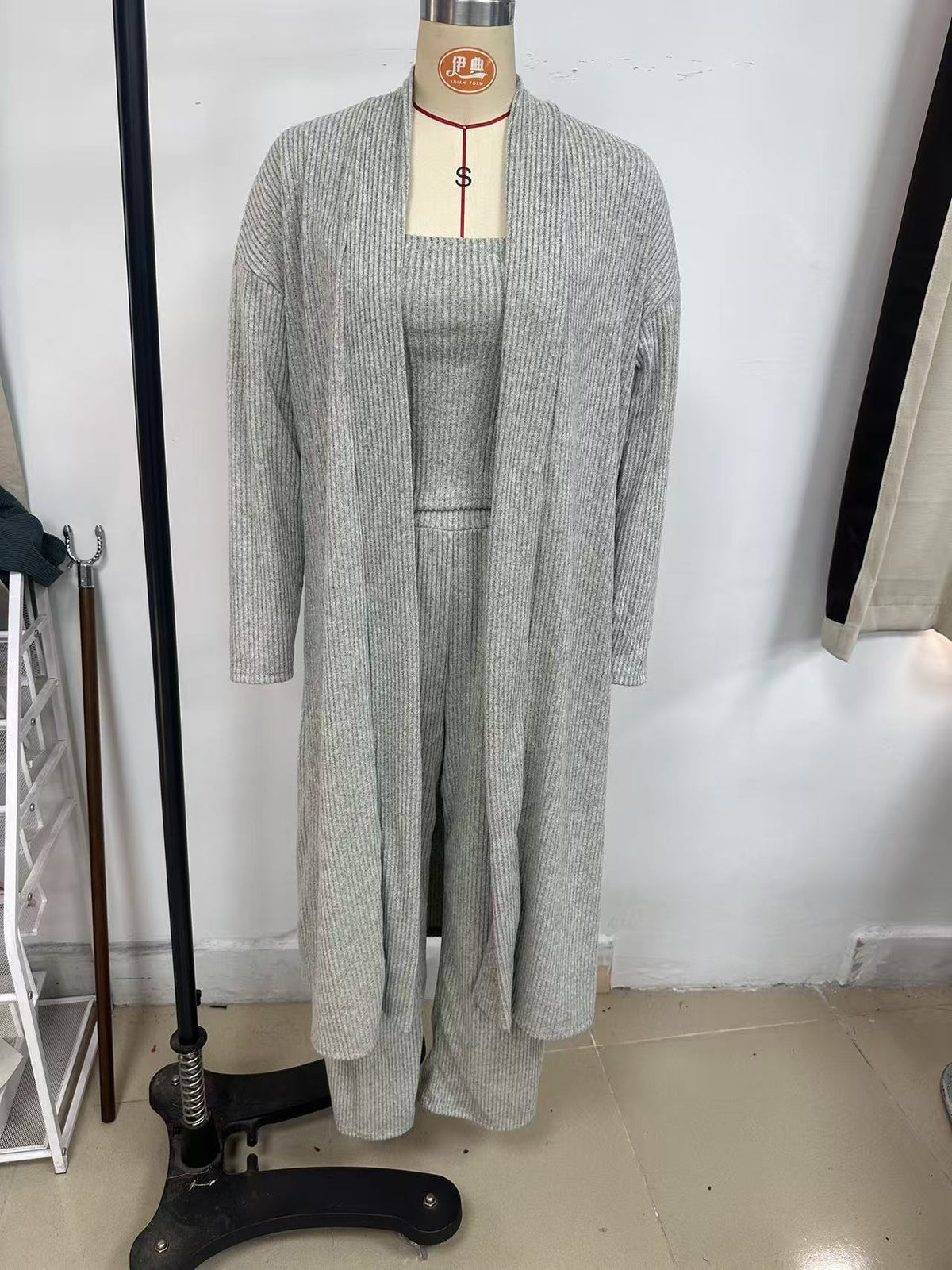 2026 Autumn/Winter European and American high-end knit strapless tank top, high-waist wide-leg pants, loose long cardigan, three-piece set for women