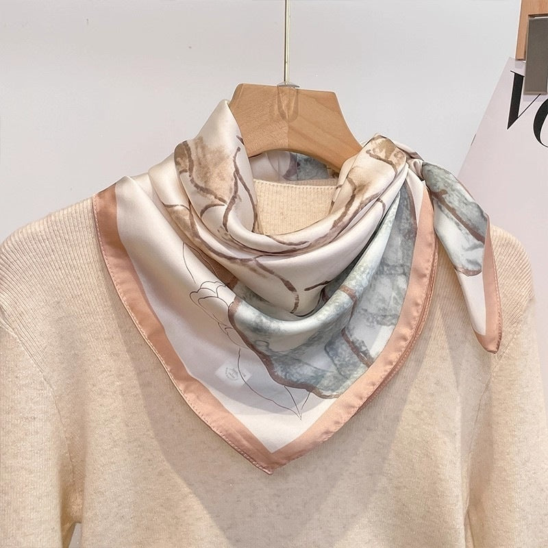 Small square scarf, Chinese style camellia spring and autumn silk scarf for women, Korean style versatile elegant imitation silk scarf, neckscarf tie, bag, and hair tie