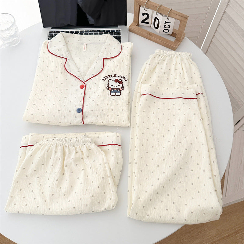 2025 New HelloKitty Cotton Gauze Pajamas Women's Summer Short Sleeve Long Pants Three-Piece Loungewear